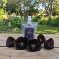 Black Opium Squeezable Wax Melts pouch surrounded by dark burgundy poppies in a garden setting