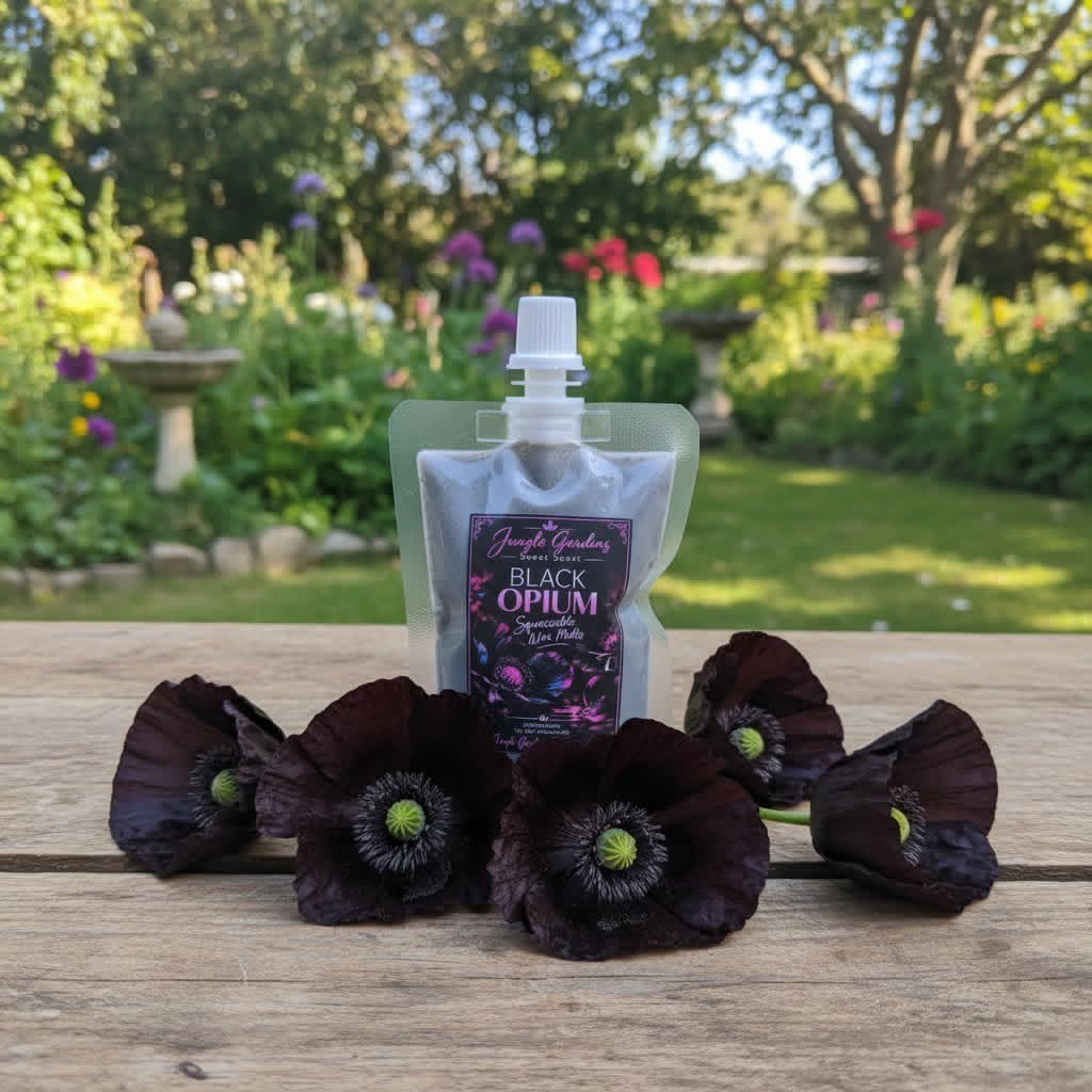 Black Opium Squeezable Wax Melts pouch surrounded by dark burgundy poppies in a garden setting