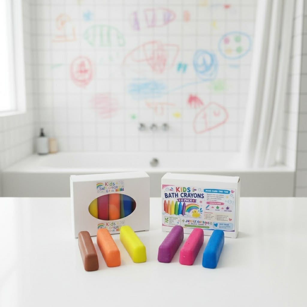 Kids Bath and Shower Crayons set with colourful crayons and packaging