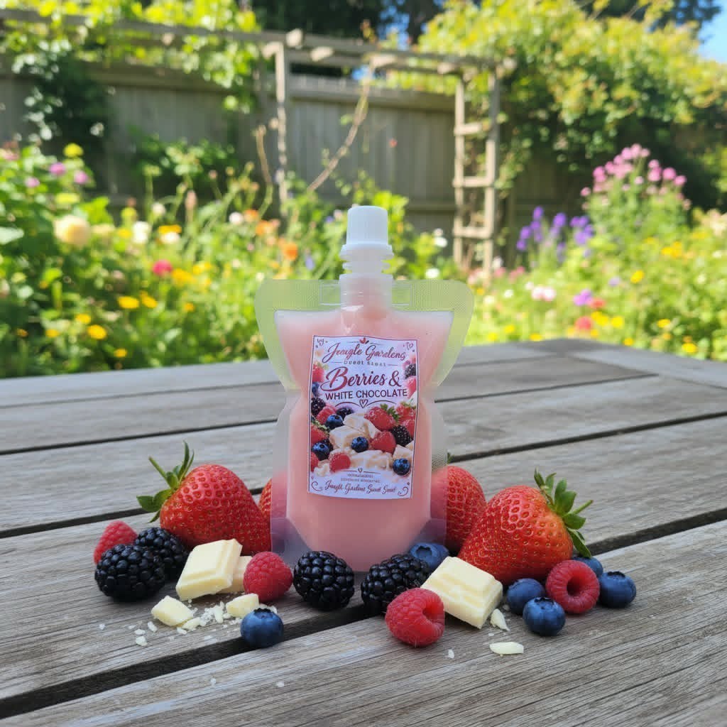 Berries & White Chocolate Wax Melt pouch surrounded by fresh berries and white chocolate pieces