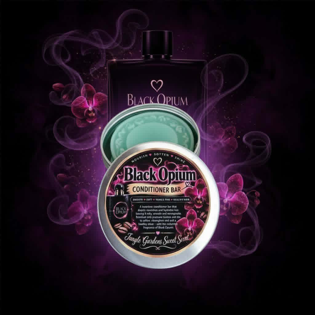 Black Opium Conditioner Bar by Jungle Gardens Sweet Scent, shown in a silver tin with a teal conditioner bar, surrounded by orchids and moody purple smoke