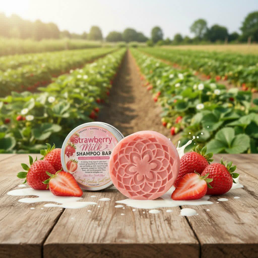 Strawberry Milk Shampoo Bar with strawberries and a pink shampoo bar