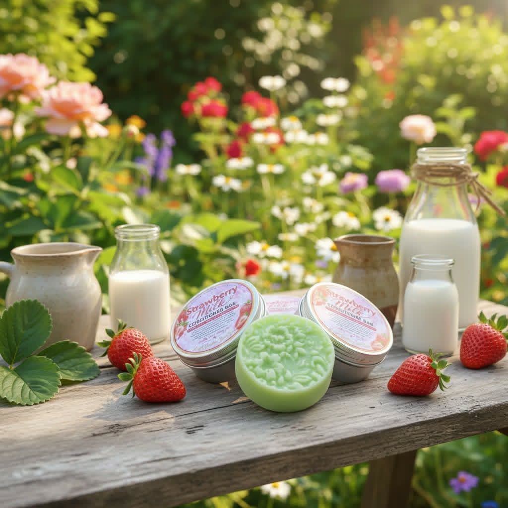 Strawberry Milk Conditioner Bar displayed on a rustic wooden table with fresh strawberries and milk bottles in a garden setting